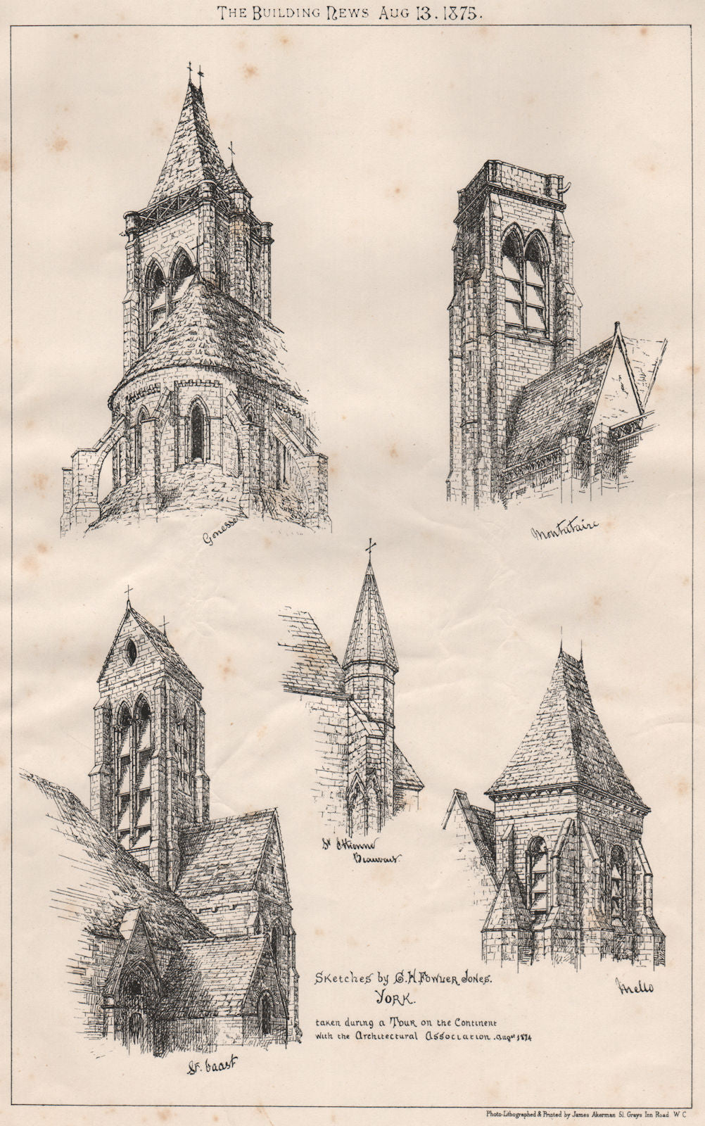 European architectural sketches by G.H. Fowler Jones, York 1875 old print